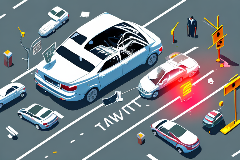 A car accident scene with a broken traffic light