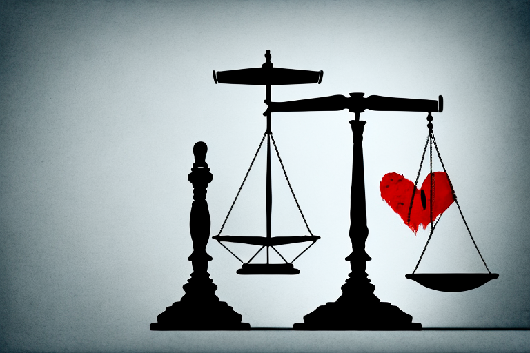 A balanced scale with a gavel on one side and a broken heart on the other