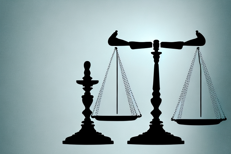 A balanced scale with a broken wedding ring on one side and a gavel on the other