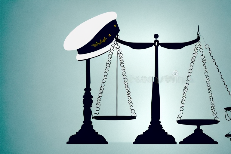 A balanced scale with a military cap on one side and a broken wedding ring on the other