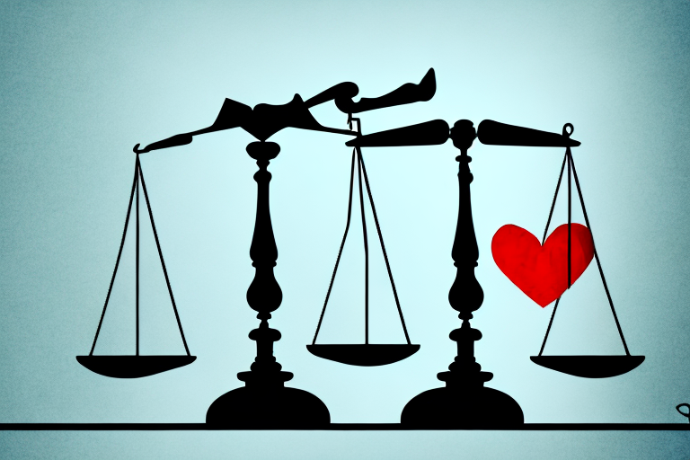 A balance scale with a broken heart on one side and a gavel on the other