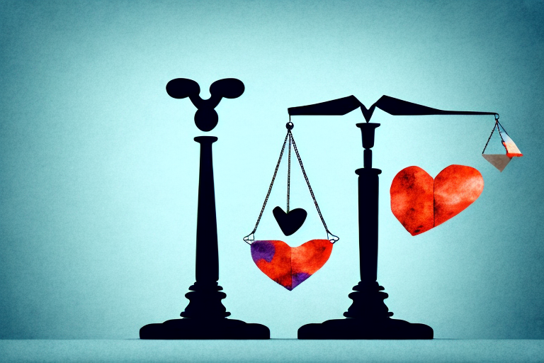 A balanced scale with a broken heart on one side and a legal document on the other