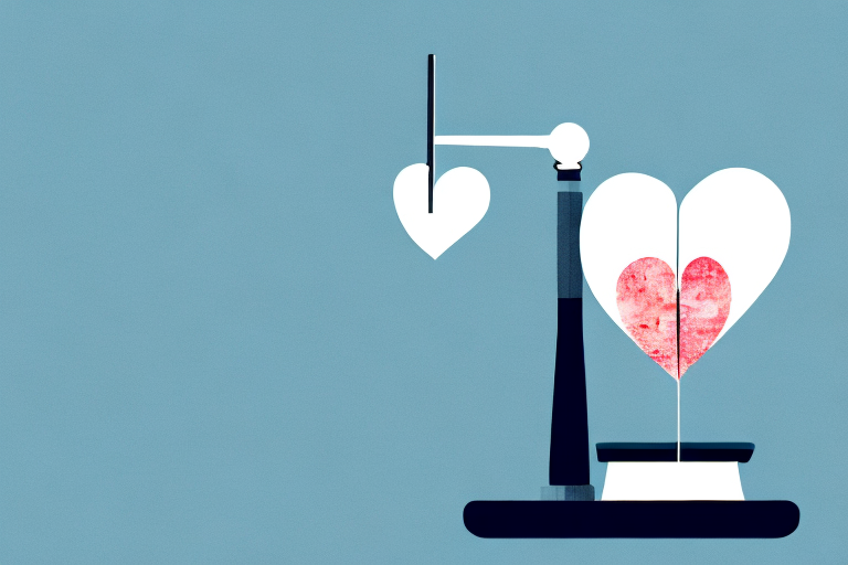 A balanced scale with a broken heart on one side and a denver cityscape on the other