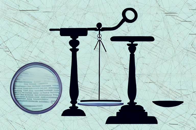 A symbolic balance scale where one side holds a magnifying glass and the other a gavel