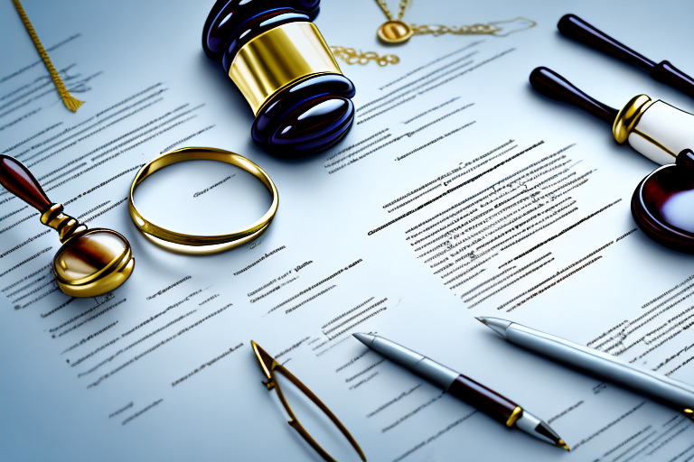 A broken wedding ring surrounded by legal documents and a gavel