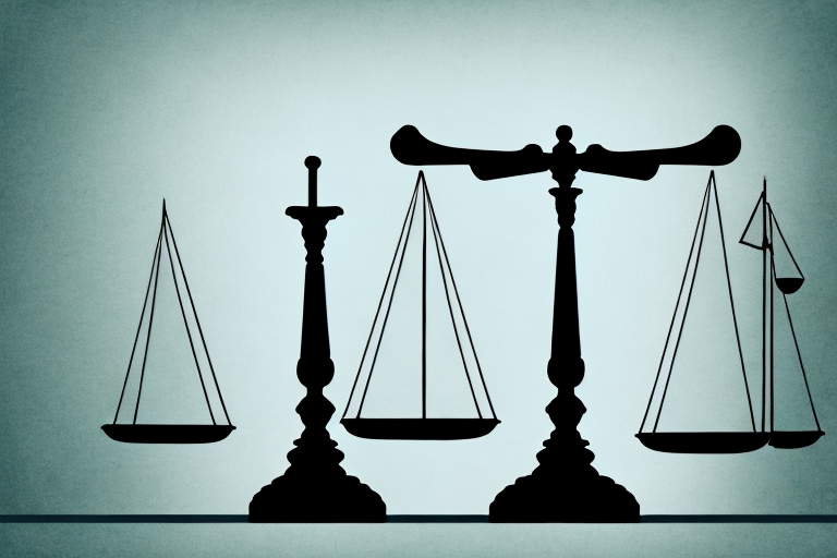 A balanced scale with a broken wedding ring on one side and a gavel on the other