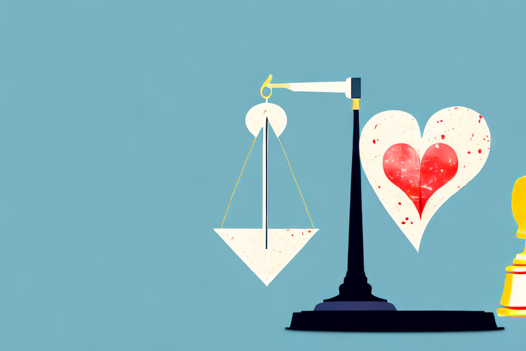 A balanced scale with a broken heart on one side and legal documents on the other