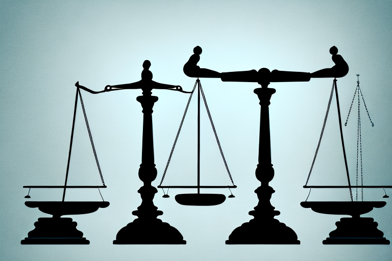A balanced scale with a broken wedding ring on one side and a gavel on the other
