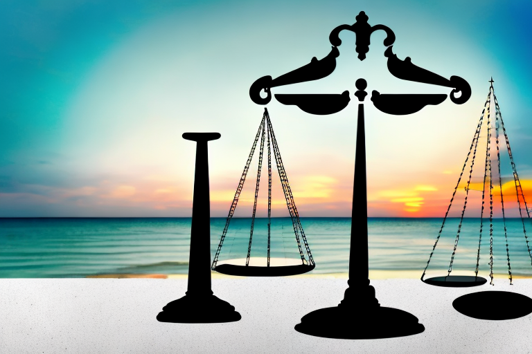 A balanced scale with a broken wedding ring on one side and a courthouse on the other