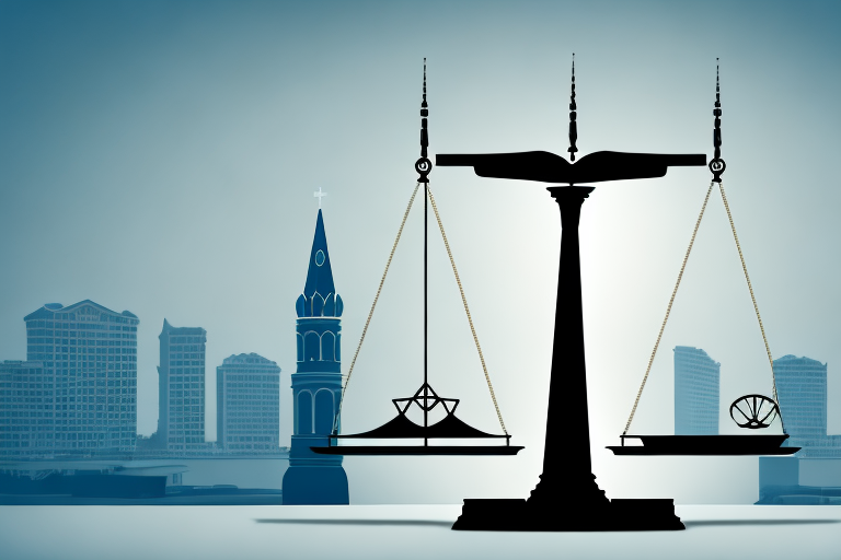 The st. petersburg skyline with a balance scale in the foreground