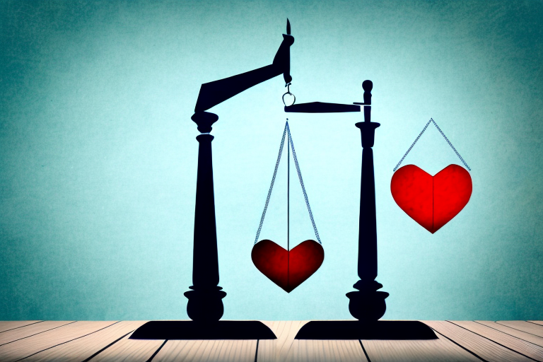 A balanced scale holding a broken heart on one side and legal documents on the other