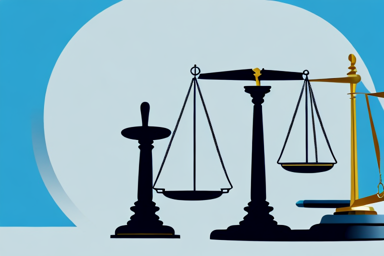 A balanced scale symbolizing justice placed on a desk with a gavel