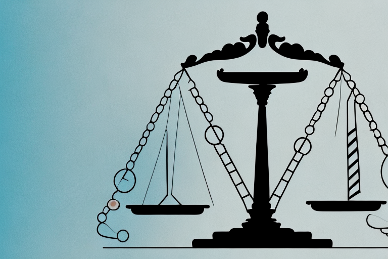 A balanced scale with a broken wedding ring on one side and a gavel on the other