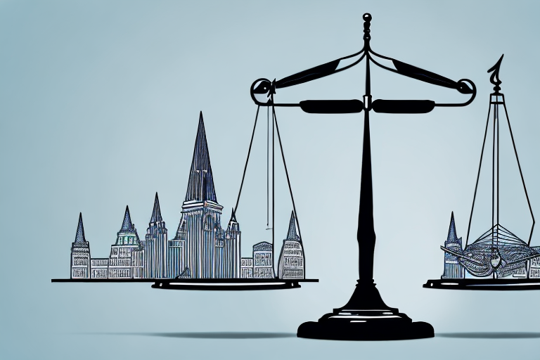 A balanced scale with a broken wedding ring on one side and a gavel on the other