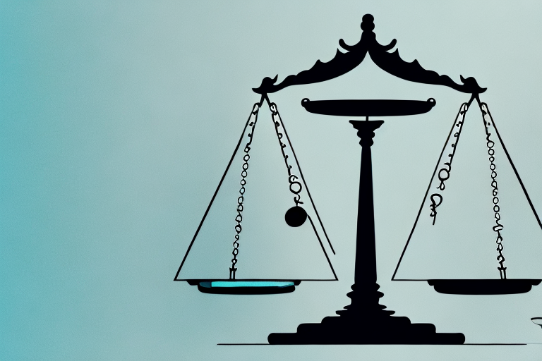 A balanced scale with a broken wedding ring on one side and a gavel on the other