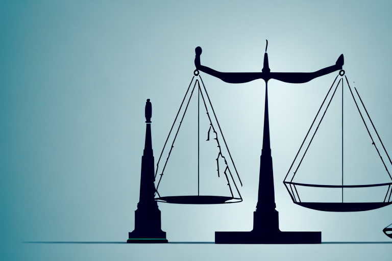 A balanced scale with a broken wedding ring on one side and legal documents on the other