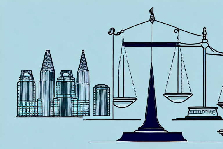 A balanced scale with a broken wedding ring on one side and a courthouse on the other