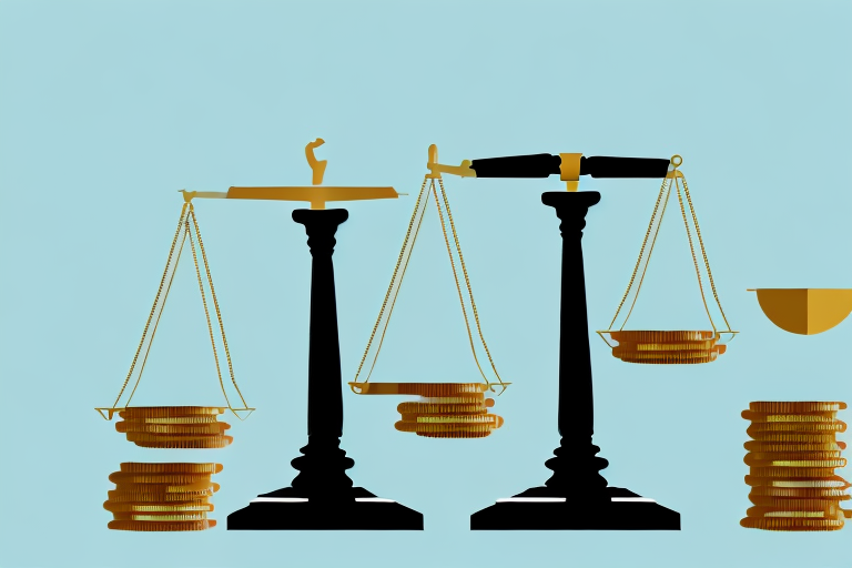 A balanced scale with a gavel on one side and a pile of coins on the other