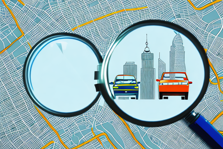 A magnifying glass hovering over a city map with various car icons scattered around