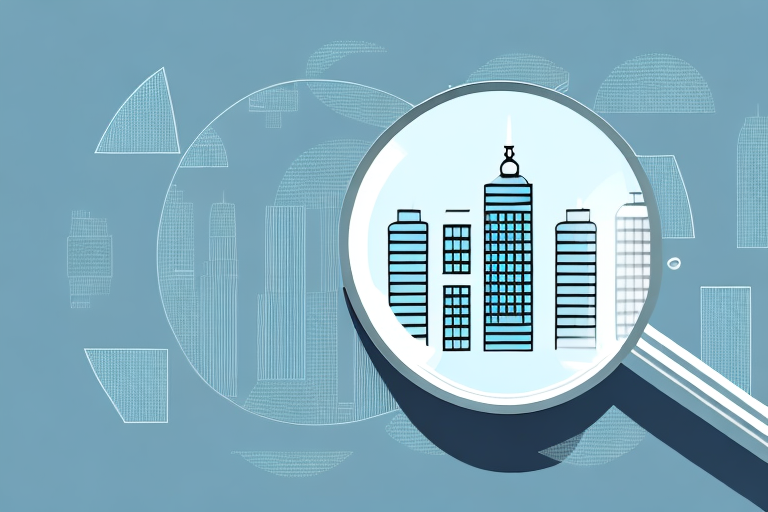 A magnifying glass hovering over a cityscape