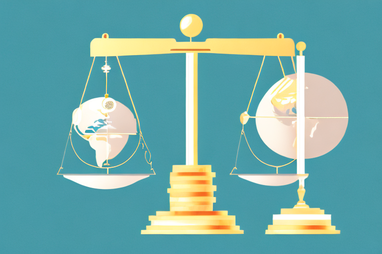 A balance scale with a gavel on one side and a pile of coins on the other