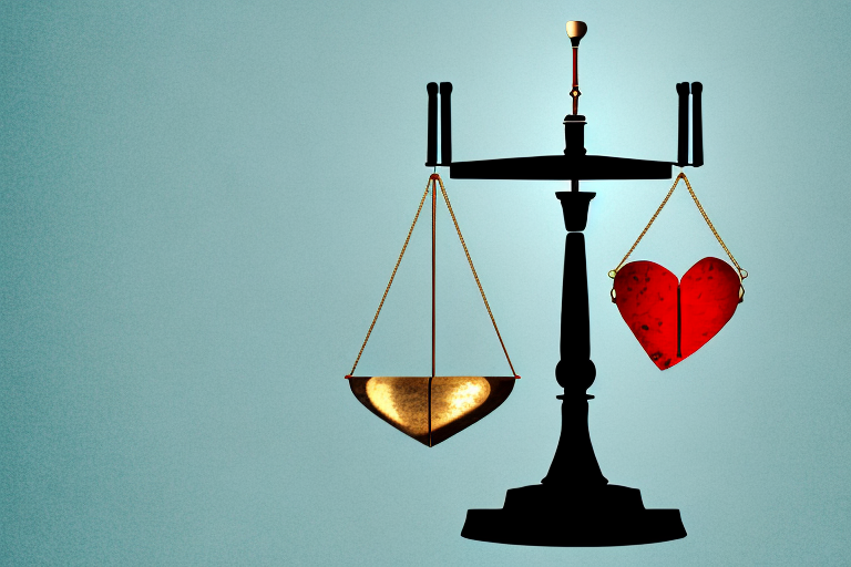 A symbolic balance scale with a broken heart on one side and a gavel on the other