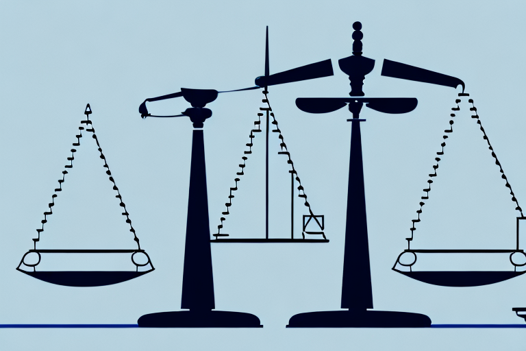 A balance scale with legal documents and corporate buildings on each side