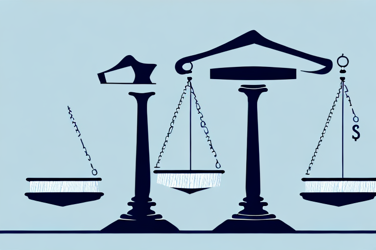 A balanced scale with a gavel on one side and a corporate building on the other