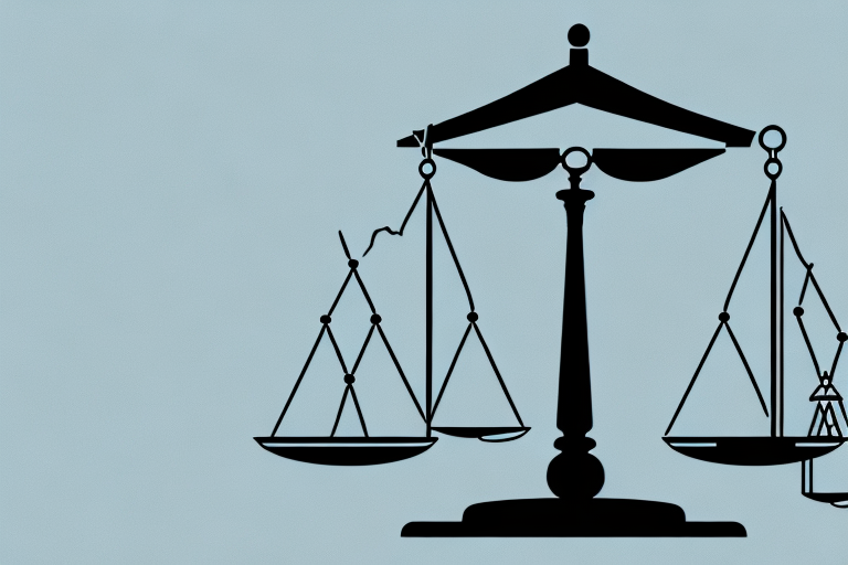 A symbolic balance scale with a building (representing a business) on one side and a gavel (representing the law) on the other