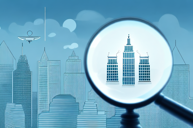 A magnifying glass hovering over a cityscape