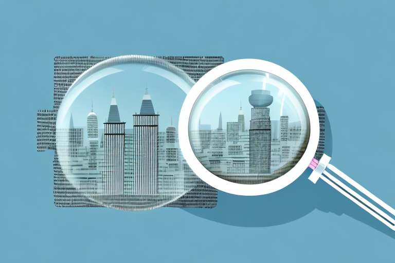 A magnifying glass over a cityscape