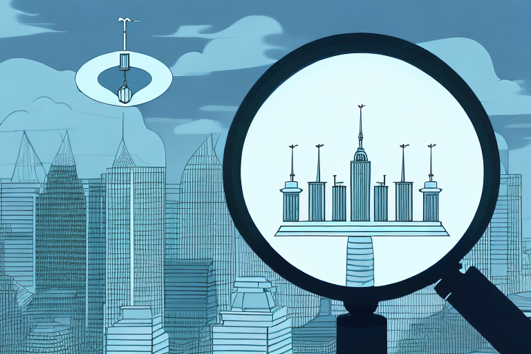 A magnifying glass hovering over a cityscape