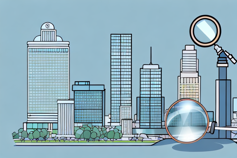 A cityscape with various office buildings