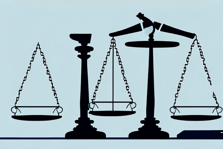 A balance scale with a gavel on one side and a stack of legal documents on the other