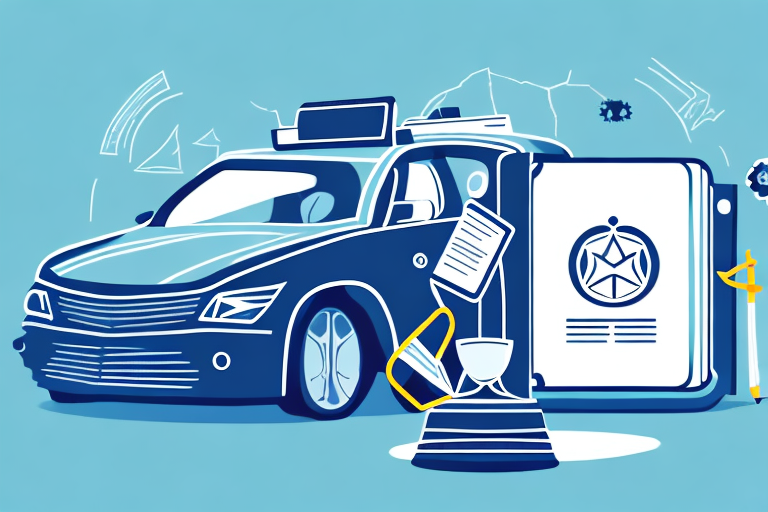 A crashed rideshare vehicle with a justice scale and a law book nearby