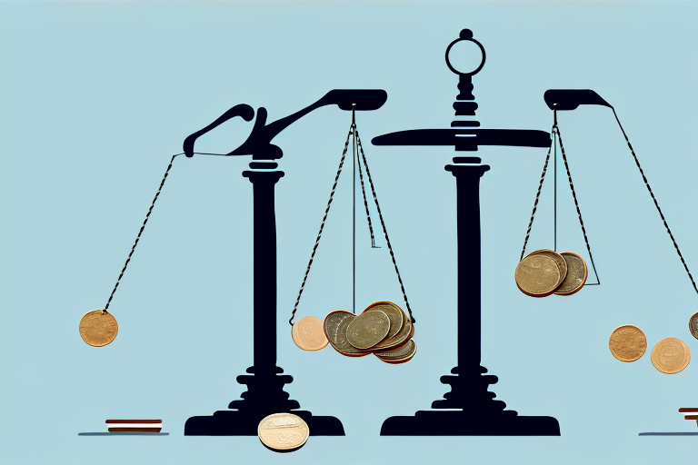 A balance scale with stacks of coins on one side and a gavel on the other