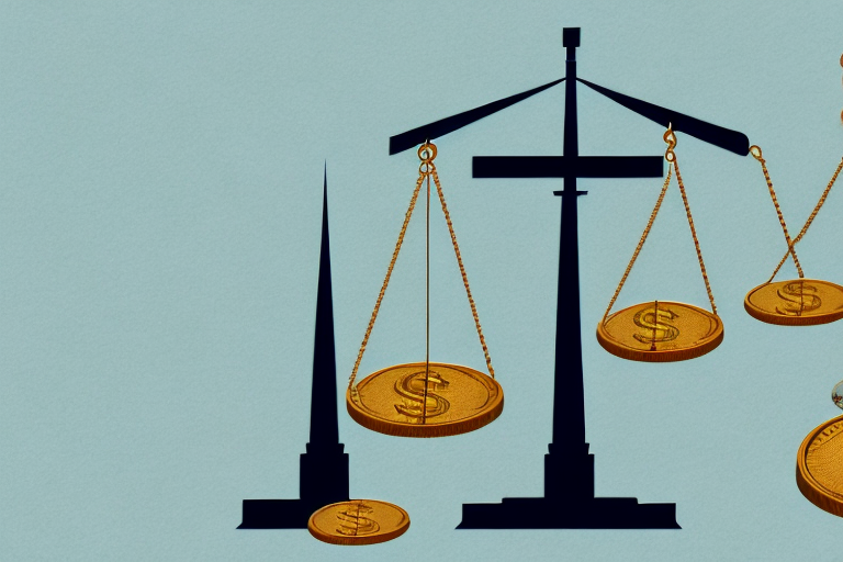 A symbolic scale balancing a courthouse and a money symbol