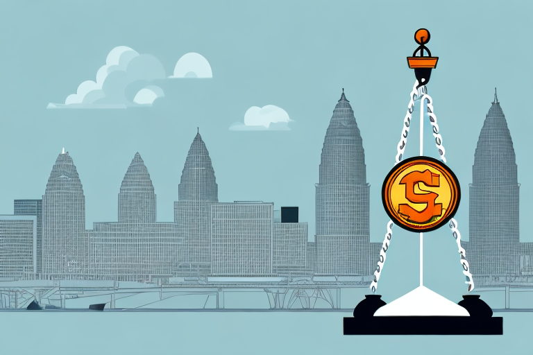 A symbolic justice scale balanced on top of a detailed city skyline of cleveland