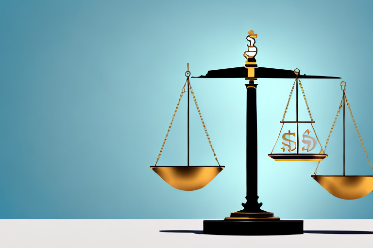 A symbolic balance scale where one side holds a courthouse