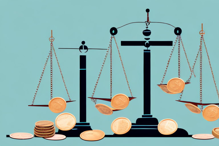 A symbolic balance scale with a courthouse on one side and a pile of coins on the other