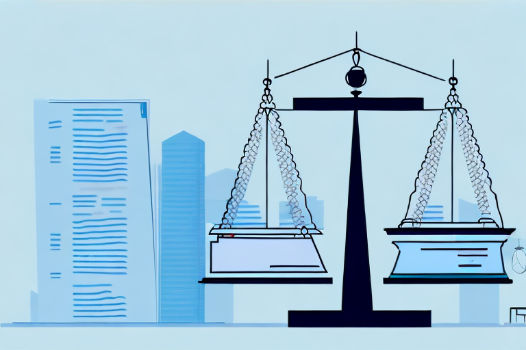 A symbolic balance scale with a stack of legal documents on one side and a cityscape of peoria
