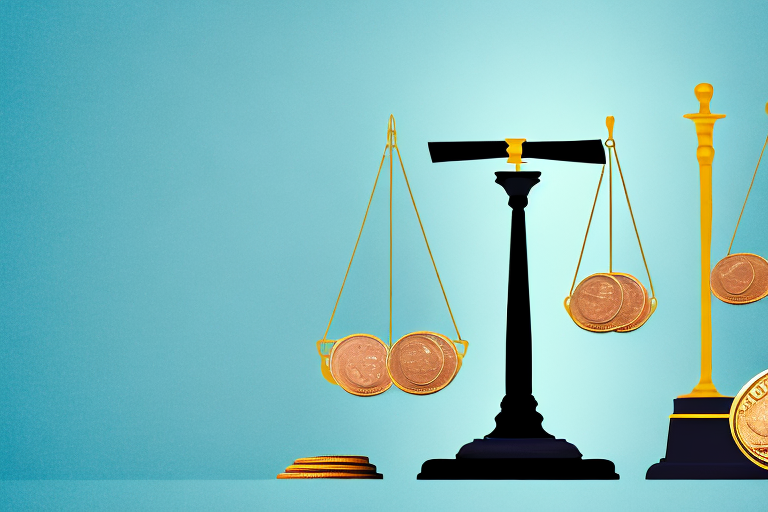 A balanced scale with a gavel on one side and a stack of coins on the other