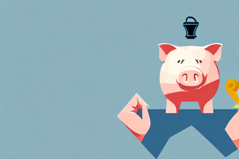 A map pinpointing a location with a symbolic gavel and a piggy bank