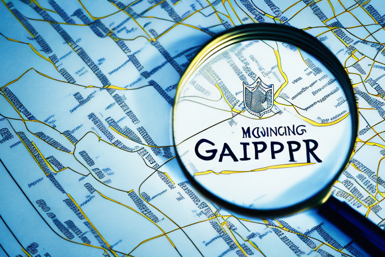A magnifying glass hovering over a map dotted with gavel symbols