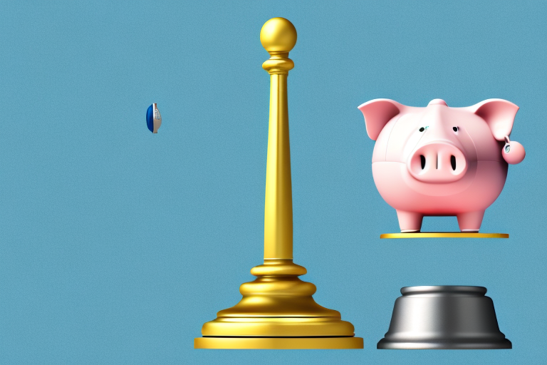 A symbolic scale balancing a gavel and a piggy bank