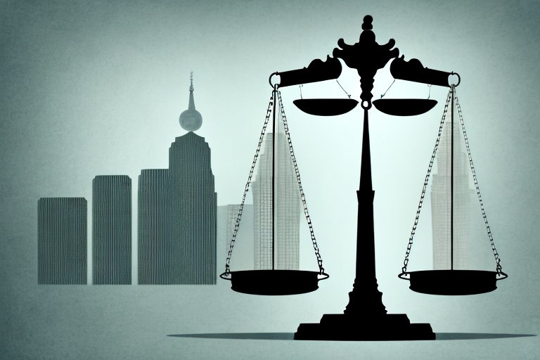 A symbolic balance scale where one side holds a courthouse representing white plains and the other side holds a briefcase symbolizing a bankruptcy lawyer