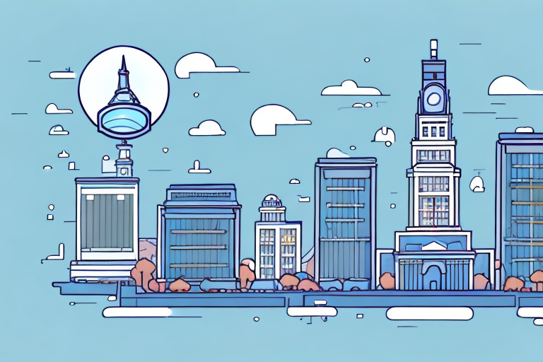 A cityscape with various buildings