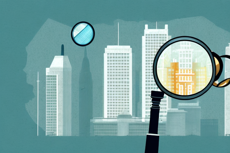A cityscape with prominent corporate buildings