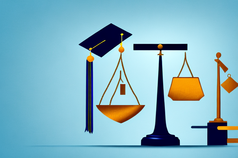 A scale balancing a graduation cap and a bankruptcy gavel
