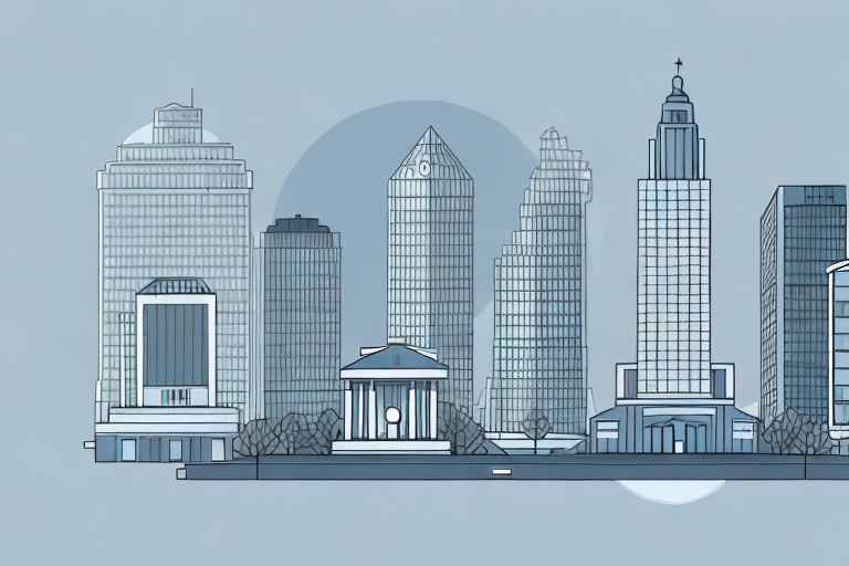 A cityscape with various business buildings